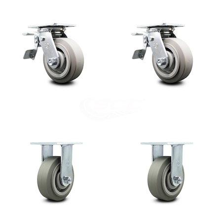 Service Caster 5 Inch Thermoplastic Rubber Caster Set with Ball Bearings 2 Brakes 2 Rigid SCC SCC-TTL30S520-TPRBF-2-R-2